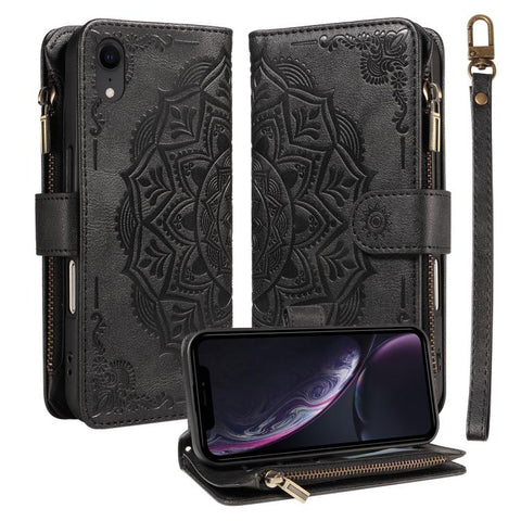 Mandala Embossed 9-Card Zipper RFID Vegan Leather Phone Case with Short Lanyard, For iPhone 12 mini, For iPhone 11 Pro Max, For iPhone 11, For iPhone 11 Pro, For iPhone XS / X, For iPhone XR, For iPhone XS Max