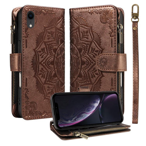Mandala Embossed 9-Card Zipper RFID Vegan Leather Phone Case with Short Lanyard, For iPhone 12 mini, For iPhone 11 Pro Max, For iPhone 11, For iPhone 11 Pro, For iPhone XS / X, For iPhone XR, For iPhone XS Max