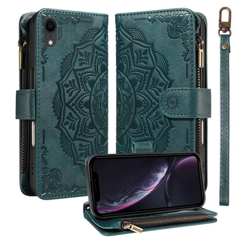 Mandala Embossed 9-Card Zipper RFID Vegan Leather Phone Case with Short Lanyard, For iPhone 12 mini, For iPhone 11 Pro Max, For iPhone 11, For iPhone 11 Pro, For iPhone XS / X, For iPhone XR, For iPhone XS Max