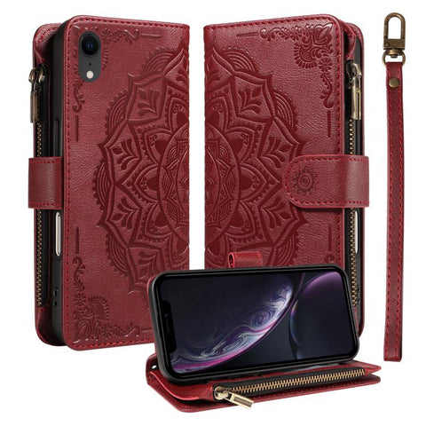Mandala Embossed 9-Card Zipper RFID Vegan Leather Phone Case with Short Lanyard, For iPhone 12 mini, For iPhone 11 Pro Max, For iPhone 11, For iPhone 11 Pro, For iPhone XS / X, For iPhone XR, For iPhone XS Max