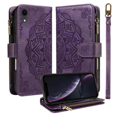 Mandala Embossed 9-Card Zipper RFID Vegan Leather Phone Case with Short Lanyard, For iPhone 12 mini, For iPhone 11 Pro Max, For iPhone 11, For iPhone 11 Pro, For iPhone XS / X, For iPhone XR, For iPhone XS Max