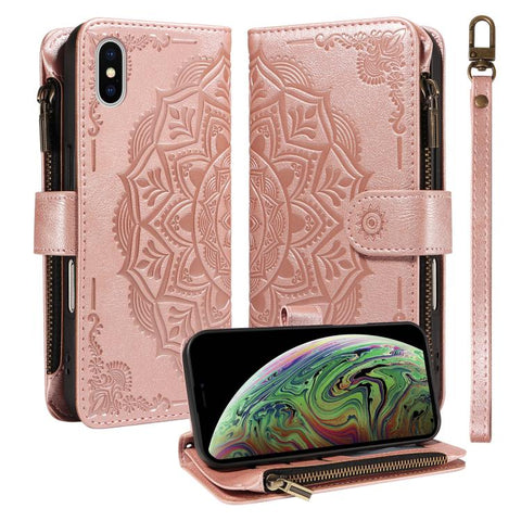 Mandala Embossed 9-Card Zipper RFID Vegan Leather Phone Case with Short Lanyard, For iPhone 12 mini, For iPhone 11 Pro Max, For iPhone 11, For iPhone 11 Pro, For iPhone XS / X, For iPhone XR, For iPhone XS Max