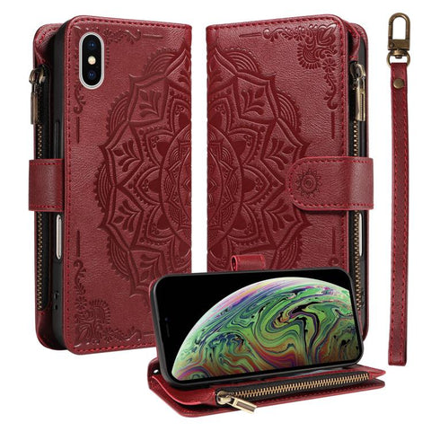 Mandala Embossed 9-Card Zipper RFID Vegan Leather Phone Case with Short Lanyard, For iPhone 12 mini, For iPhone 11 Pro Max, For iPhone 11, For iPhone 11 Pro, For iPhone XS / X, For iPhone XR, For iPhone XS Max