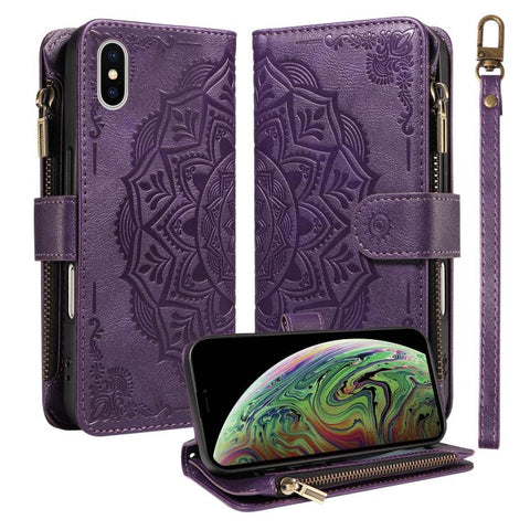 Mandala Embossed 9-Card Zipper RFID Vegan Leather Phone Case with Short Lanyard, For iPhone 12 mini, For iPhone 11 Pro Max, For iPhone 11, For iPhone 11 Pro, For iPhone XS / X, For iPhone XR, For iPhone XS Max