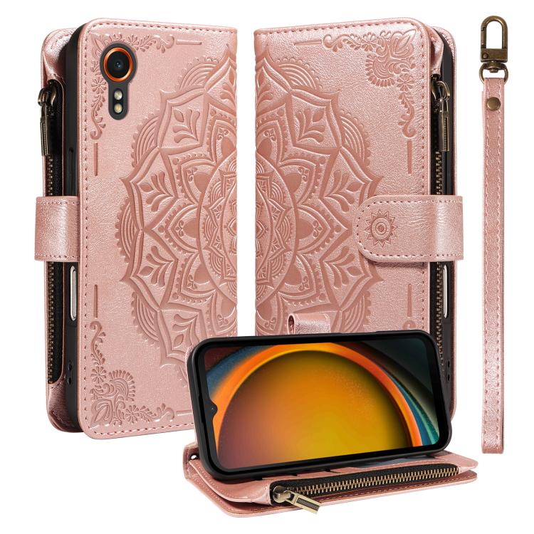 Mandala Embossed 9-Card Zipper RFID Vegan Leather Phone Case with Short Lanyard, For Samsung Galaxy XCover7 5G Global