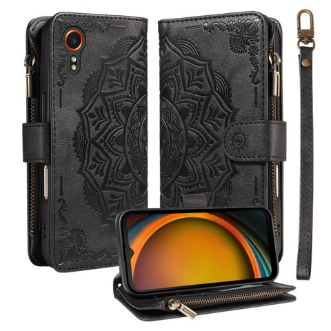 Mandala Embossed 9-Card Zipper RFID Vegan Leather Phone Case with Short Lanyard, For Samsung Galaxy XCover7 5G Global