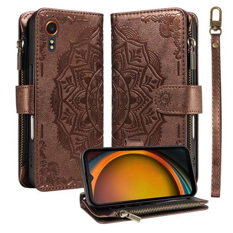 Mandala Embossed 9-Card Zipper RFID Vegan Leather Phone Case with Short Lanyard, For Samsung Galaxy XCover7 5G Global