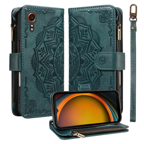 Mandala Embossed 9-Card Zipper RFID Vegan Leather Phone Case with Short Lanyard, For Samsung Galaxy XCover7 5G Global