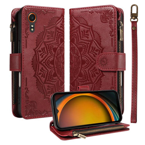 Mandala Embossed 9-Card Zipper RFID Vegan Leather Phone Case with Short Lanyard, For Samsung Galaxy XCover7 5G Global