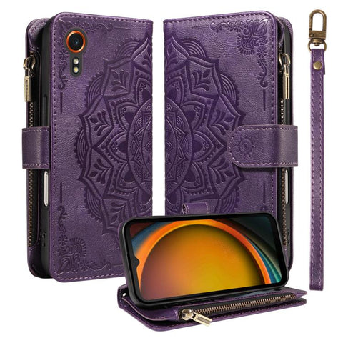 Mandala Embossed 9-Card Zipper RFID Vegan Leather Phone Case with Short Lanyard, For Samsung Galaxy XCover7 5G Global