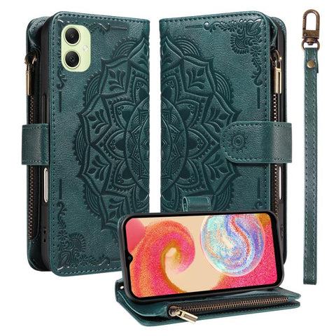 Mandala Embossed 9-Card Zipper RFID Vegan Leather Phone Case with Short Lanyard, For Samsung Galaxy A35 5G, For Samsung Galaxy A05, For Samsung Galaxy A05s, For Samsung Galaxy A25 5G Global, For Samsung Galaxy A24 4G, For Samsung Galaxy A34 5G         ...