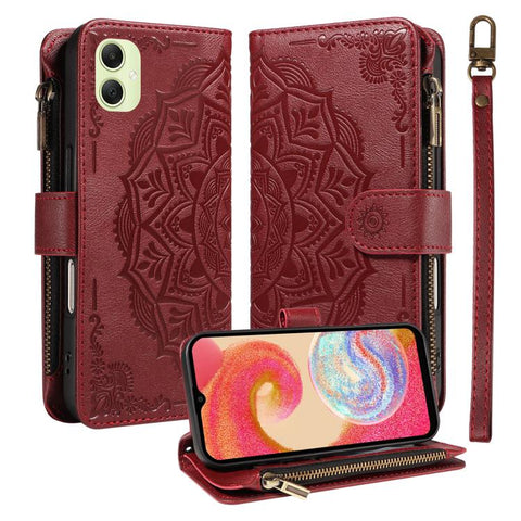 Mandala Embossed 9-Card Zipper RFID Vegan Leather Phone Case with Short Lanyard, For Samsung Galaxy A35 5G, For Samsung Galaxy A05, For Samsung Galaxy A05s, For Samsung Galaxy A25 5G Global, For Samsung Galaxy A24 4G, For Samsung Galaxy A34 5G         ...