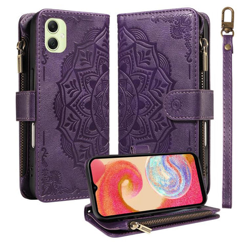 Mandala Embossed 9-Card Zipper RFID Vegan Leather Phone Case with Short Lanyard, For Samsung Galaxy A35 5G, For Samsung Galaxy A05, For Samsung Galaxy A05s, For Samsung Galaxy A25 5G Global, For Samsung Galaxy A24 4G, For Samsung Galaxy A34 5G         ...