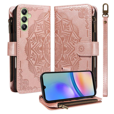 Mandala Embossed 9-Card Zipper RFID Vegan Leather Phone Case with Short Lanyard, For Samsung Galaxy A35 5G, For Samsung Galaxy A05, For Samsung Galaxy A05s, For Samsung Galaxy A25 5G Global, For Samsung Galaxy A24 4G, For Samsung Galaxy A34 5G         ...