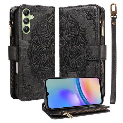 Mandala Embossed 9-Card Zipper RFID Vegan Leather Phone Case with Short Lanyard, For Samsung Galaxy A35 5G, For Samsung Galaxy A05, For Samsung Galaxy A05s, For Samsung Galaxy A25 5G Global, For Samsung Galaxy A24 4G, For Samsung Galaxy A34 5G         ...