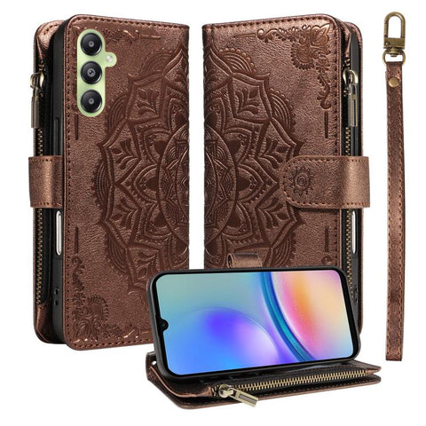 Mandala Embossed 9-Card Zipper RFID Vegan Leather Phone Case with Short Lanyard, For Samsung Galaxy A35 5G, For Samsung Galaxy A05, For Samsung Galaxy A05s, For Samsung Galaxy A25 5G Global, For Samsung Galaxy A24 4G, For Samsung Galaxy A34 5G         ...