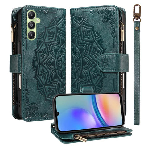 Mandala Embossed 9-Card Zipper RFID Vegan Leather Phone Case with Short Lanyard, For Samsung Galaxy A35 5G, For Samsung Galaxy A05, For Samsung Galaxy A05s, For Samsung Galaxy A25 5G Global, For Samsung Galaxy A24 4G, For Samsung Galaxy A34 5G         ...
