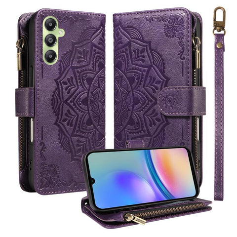 Mandala Embossed 9-Card Zipper RFID Vegan Leather Phone Case with Short Lanyard, For Samsung Galaxy A35 5G, For Samsung Galaxy A05, For Samsung Galaxy A05s, For Samsung Galaxy A25 5G Global, For Samsung Galaxy A24 4G, For Samsung Galaxy A34 5G         ...