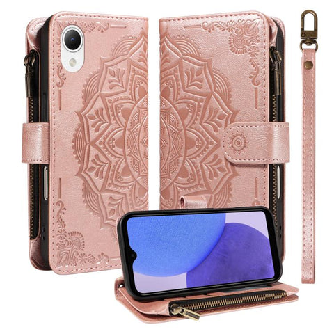 Mandala Embossed 9-Card Zipper RFID Vegan Leather Phone Case with Short Lanyard, For Samsung Galaxy A35 5G, For Samsung Galaxy A05, For Samsung Galaxy A05s, For Samsung Galaxy A25 5G Global, For Samsung Galaxy A24 4G, For Samsung Galaxy A34 5G         ...