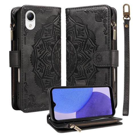 Mandala Embossed 9-Card Zipper RFID Vegan Leather Phone Case with Short Lanyard, For Samsung Galaxy A35 5G, For Samsung Galaxy A05, For Samsung Galaxy A05s, For Samsung Galaxy A25 5G Global, For Samsung Galaxy A24 4G, For Samsung Galaxy A34 5G         ...