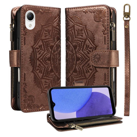 Mandala Embossed 9-Card Zipper RFID Vegan Leather Phone Case with Short Lanyard, For Samsung Galaxy A35 5G, For Samsung Galaxy A05, For Samsung Galaxy A05s, For Samsung Galaxy A25 5G Global, For Samsung Galaxy A24 4G, For Samsung Galaxy A34 5G         ...