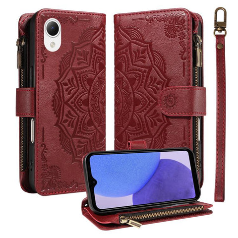 Mandala Embossed 9-Card Zipper RFID Vegan Leather Phone Case with Short Lanyard, For Samsung Galaxy A35 5G, For Samsung Galaxy A05, For Samsung Galaxy A05s, For Samsung Galaxy A25 5G Global, For Samsung Galaxy A24 4G, For Samsung Galaxy A34 5G         ...
