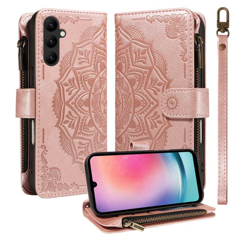 Mandala Embossed 9-Card Zipper RFID Vegan Leather Phone Case with Short Lanyard, For Samsung Galaxy A35 5G, For Samsung Galaxy A05, For Samsung Galaxy A05s, For Samsung Galaxy A25 5G Global, For Samsung Galaxy A24 4G, For Samsung Galaxy A34 5G         ...