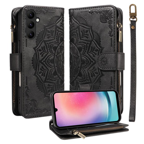 Mandala Embossed 9-Card Zipper RFID Vegan Leather Phone Case with Short Lanyard, For Samsung Galaxy A35 5G, For Samsung Galaxy A05, For Samsung Galaxy A05s, For Samsung Galaxy A25 5G Global, For Samsung Galaxy A24 4G, For Samsung Galaxy A34 5G         ...