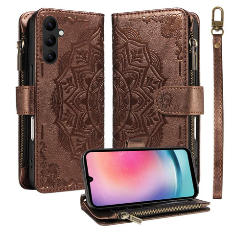 Mandala Embossed 9-Card Zipper RFID Vegan Leather Phone Case with Short Lanyard, For Samsung Galaxy A35 5G, For Samsung Galaxy A05, For Samsung Galaxy A05s, For Samsung Galaxy A25 5G Global, For Samsung Galaxy A24 4G, For Samsung Galaxy A34 5G         ...