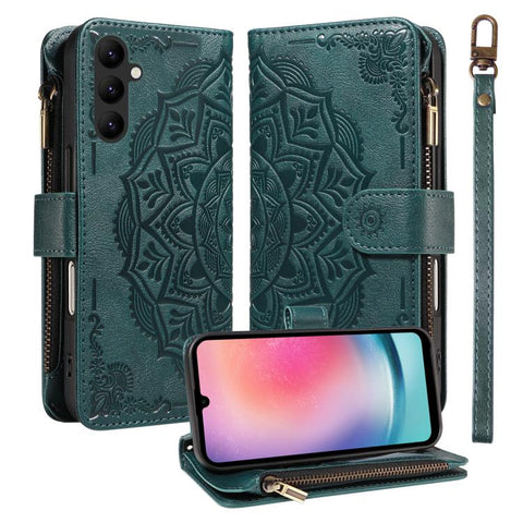 Mandala Embossed 9-Card Zipper RFID Vegan Leather Phone Case with Short Lanyard, For Samsung Galaxy A35 5G, For Samsung Galaxy A05, For Samsung Galaxy A05s, For Samsung Galaxy A25 5G Global, For Samsung Galaxy A24 4G, For Samsung Galaxy A34 5G         ...