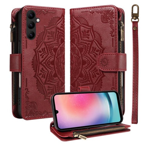Mandala Embossed 9-Card Zipper RFID Vegan Leather Phone Case with Short Lanyard, For Samsung Galaxy A35 5G, For Samsung Galaxy A05, For Samsung Galaxy A05s, For Samsung Galaxy A25 5G Global, For Samsung Galaxy A24 4G, For Samsung Galaxy A34 5G         ...
