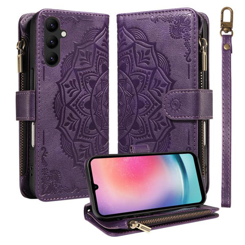 Mandala Embossed 9-Card Zipper RFID Vegan Leather Phone Case with Short Lanyard, For Samsung Galaxy A35 5G, For Samsung Galaxy A05, For Samsung Galaxy A05s, For Samsung Galaxy A25 5G Global, For Samsung Galaxy A24 4G, For Samsung Galaxy A34 5G         ...