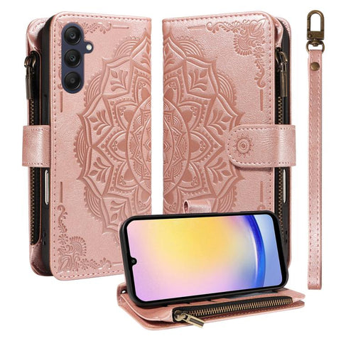 Mandala Embossed 9-Card Zipper RFID Vegan Leather Phone Case with Short Lanyard, For Samsung Galaxy A35 5G, For Samsung Galaxy A05, For Samsung Galaxy A05s, For Samsung Galaxy A25 5G Global, For Samsung Galaxy A24 4G, For Samsung Galaxy A34 5G         ...