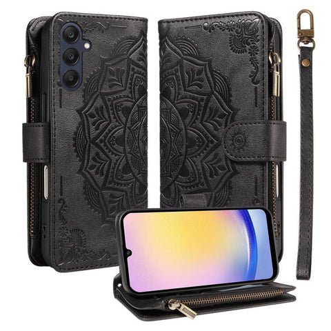 Mandala Embossed 9-Card Zipper RFID Vegan Leather Phone Case with Short Lanyard, For Samsung Galaxy A35 5G, For Samsung Galaxy A05, For Samsung Galaxy A05s, For Samsung Galaxy A25 5G Global, For Samsung Galaxy A24 4G, For Samsung Galaxy A34 5G         ...