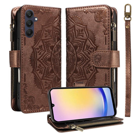Mandala Embossed 9-Card Zipper RFID Vegan Leather Phone Case with Short Lanyard, For Samsung Galaxy A35 5G, For Samsung Galaxy A05, For Samsung Galaxy A05s, For Samsung Galaxy A25 5G Global, For Samsung Galaxy A24 4G, For Samsung Galaxy A34 5G         ...