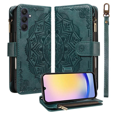 Mandala Embossed 9-Card Zipper RFID Vegan Leather Phone Case with Short Lanyard, For Samsung Galaxy A35 5G, For Samsung Galaxy A05, For Samsung Galaxy A05s, For Samsung Galaxy A25 5G Global, For Samsung Galaxy A24 4G, For Samsung Galaxy A34 5G         ...