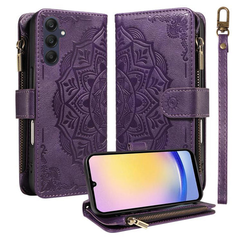 Mandala Embossed 9-Card Zipper RFID Vegan Leather Phone Case with Short Lanyard, For Samsung Galaxy A35 5G, For Samsung Galaxy A05, For Samsung Galaxy A05s, For Samsung Galaxy A25 5G Global, For Samsung Galaxy A24 4G, For Samsung Galaxy A34 5G         ...