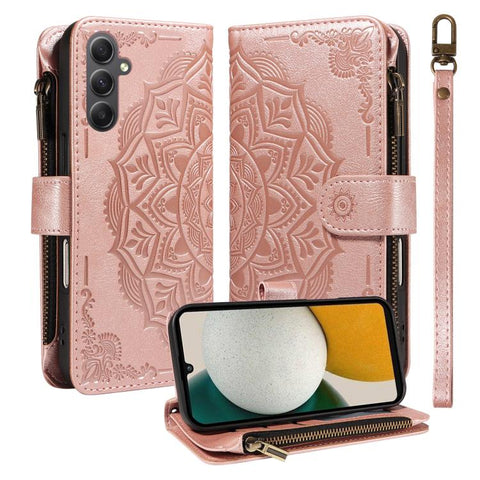 Mandala Embossed 9-Card Zipper RFID Vegan Leather Phone Case with Short Lanyard, For Samsung Galaxy A35 5G, For Samsung Galaxy A05, For Samsung Galaxy A05s, For Samsung Galaxy A25 5G Global, For Samsung Galaxy A24 4G, For Samsung Galaxy A34 5G         ...