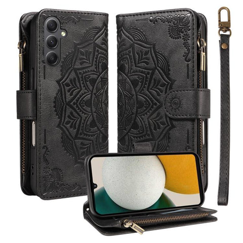 Mandala Embossed 9-Card Zipper RFID Vegan Leather Phone Case with Short Lanyard, For Samsung Galaxy A35 5G, For Samsung Galaxy A05, For Samsung Galaxy A05s, For Samsung Galaxy A25 5G Global, For Samsung Galaxy A24 4G, For Samsung Galaxy A34 5G         ...