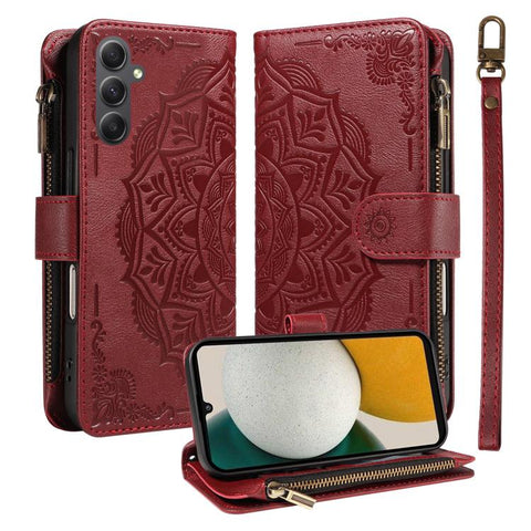 Mandala Embossed 9-Card Zipper RFID Vegan Leather Phone Case with Short Lanyard, For Samsung Galaxy A35 5G, For Samsung Galaxy A05, For Samsung Galaxy A05s, For Samsung Galaxy A25 5G Global, For Samsung Galaxy A24 4G, For Samsung Galaxy A34 5G         ...