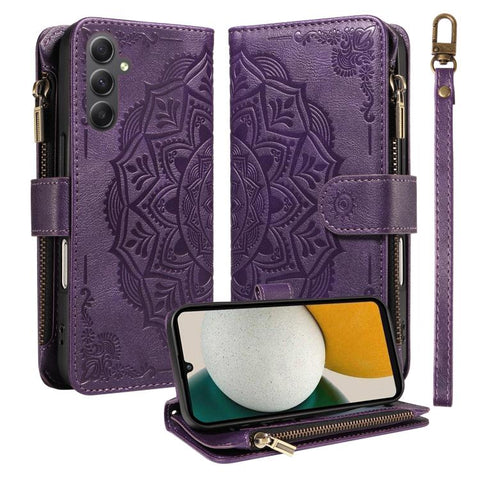 Mandala Embossed 9-Card Zipper RFID Vegan Leather Phone Case with Short Lanyard, For Samsung Galaxy A35 5G, For Samsung Galaxy A05, For Samsung Galaxy A05s, For Samsung Galaxy A25 5G Global, For Samsung Galaxy A24 4G, For Samsung Galaxy A34 5G         ...