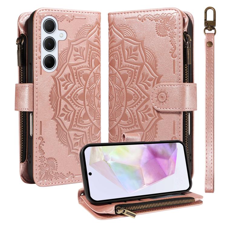 Mandala Embossed 9-Card Zipper RFID Vegan Leather Phone Case with Short Lanyard, For Samsung Galaxy A35 5G, For Samsung Galaxy A05, For Samsung Galaxy A05s, For Samsung Galaxy A25 5G Global, For Samsung Galaxy A24 4G, For Samsung Galaxy A34 5G         ...