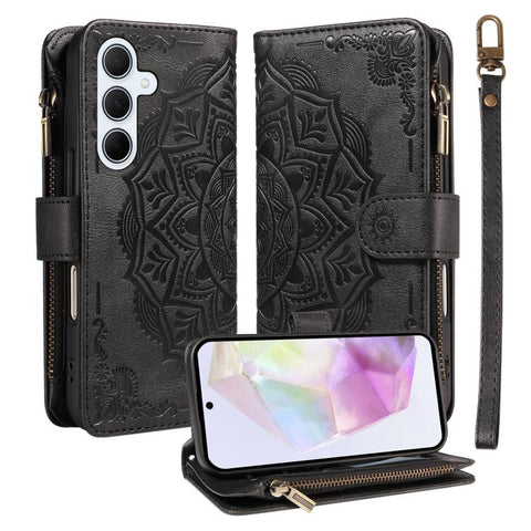Mandala Embossed 9-Card Zipper RFID Vegan Leather Phone Case with Short Lanyard, For Samsung Galaxy A35 5G, For Samsung Galaxy A05, For Samsung Galaxy A05s, For Samsung Galaxy A25 5G Global, For Samsung Galaxy A24 4G, For Samsung Galaxy A34 5G         ...
