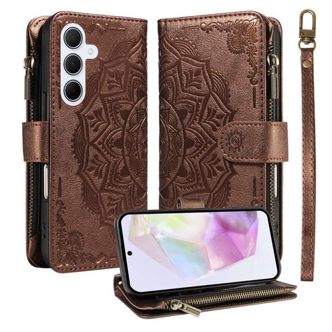 Mandala Embossed 9-Card Zipper RFID Vegan Leather Phone Case with Short Lanyard, For Samsung Galaxy A35 5G, For Samsung Galaxy A05, For Samsung Galaxy A05s, For Samsung Galaxy A25 5G Global, For Samsung Galaxy A24 4G, For Samsung Galaxy A34 5G         ...
