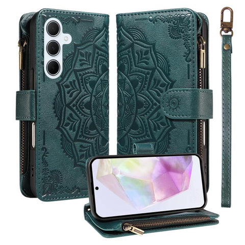 Mandala Embossed 9-Card Zipper RFID Vegan Leather Phone Case with Short Lanyard, For Samsung Galaxy A35 5G, For Samsung Galaxy A05, For Samsung Galaxy A05s, For Samsung Galaxy A25 5G Global, For Samsung Galaxy A24 4G, For Samsung Galaxy A34 5G         ...