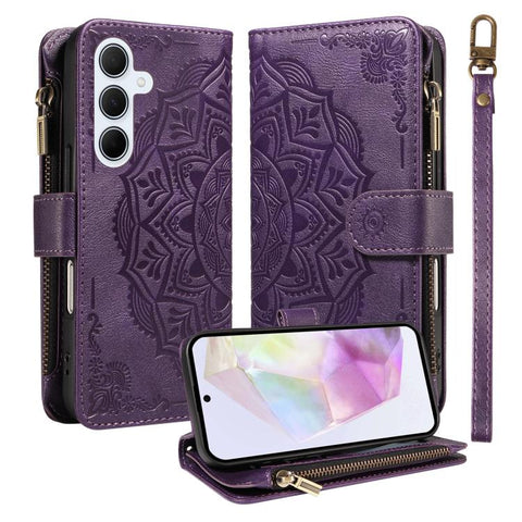 Mandala Embossed 9-Card Zipper RFID Vegan Leather Phone Case with Short Lanyard, For Samsung Galaxy A35 5G, For Samsung Galaxy A05, For Samsung Galaxy A05s, For Samsung Galaxy A25 5G Global, For Samsung Galaxy A24 4G, For Samsung Galaxy A34 5G         ...