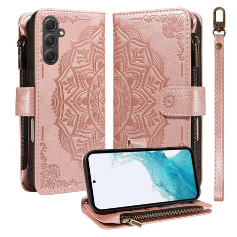 Mandala Embossed 9-Card Zipper RFID Vegan Leather Phone Case with Short Lanyard, For Samsung Galaxy A35 5G, For Samsung Galaxy A05, For Samsung Galaxy A05s, For Samsung Galaxy A25 5G Global, For Samsung Galaxy A24 4G, For Samsung Galaxy A34 5G         ...