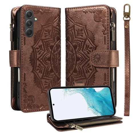 Mandala Embossed 9-Card Zipper RFID Vegan Leather Phone Case with Short Lanyard, For Samsung Galaxy A35 5G, For Samsung Galaxy A05, For Samsung Galaxy A05s, For Samsung Galaxy A25 5G Global, For Samsung Galaxy A24 4G, For Samsung Galaxy A34 5G         ...