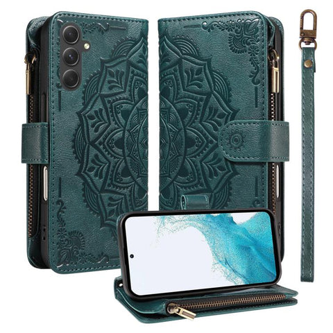 Mandala Embossed 9-Card Zipper RFID Vegan Leather Phone Case with Short Lanyard, For Samsung Galaxy A35 5G, For Samsung Galaxy A05, For Samsung Galaxy A05s, For Samsung Galaxy A25 5G Global, For Samsung Galaxy A24 4G, For Samsung Galaxy A34 5G         ...