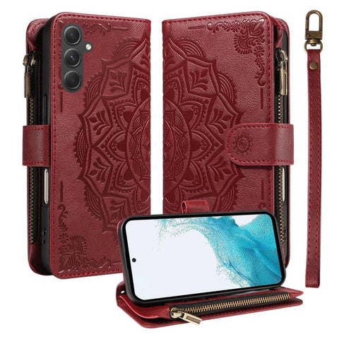 Mandala Embossed 9-Card Zipper RFID Vegan Leather Phone Case with Short Lanyard, For Samsung Galaxy A35 5G, For Samsung Galaxy A05, For Samsung Galaxy A05s, For Samsung Galaxy A25 5G Global, For Samsung Galaxy A24 4G, For Samsung Galaxy A34 5G         ...